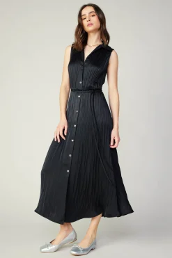 Midi Dresses-Current Air Plisse Buttondown Dress BLACK