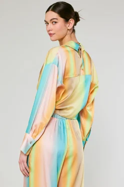 Long Sleeve Tops-Current Air Prismatic Gradient Front Tie Shirt DESERTRAINBOW