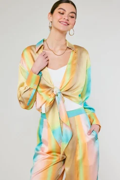 Long Sleeve Tops-Current Air Prismatic Gradient Front Tie Shirt DESERTRAINBOW