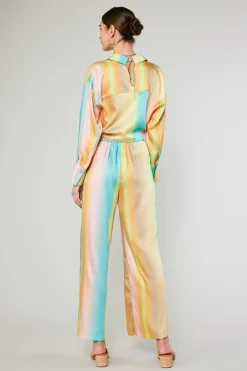 Long Sleeve Tops-Current Air Prismatic Gradient Front Tie Shirt DESERTRAINBOW