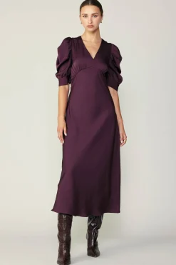 Midi Dresses-Current Air Puff Sleeve Midi Dress MIDNIGHTPLUM