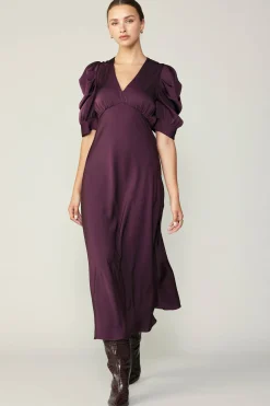 Midi Dresses-Current Air Puff Sleeve Midi Dress MIDNIGHTPLUM