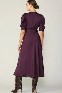 Midi Dresses-Current Air Puff Sleeve Midi Dress MIDNIGHTPLUM