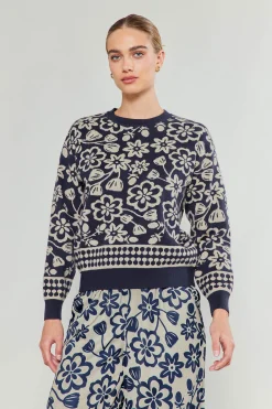 Knitwear|Sweaters-Current Air Pullover Floral Sweater BLUEMLT