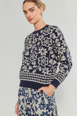 Knitwear|Sweaters-Current Air Pullover Floral Sweater BLUEMLT