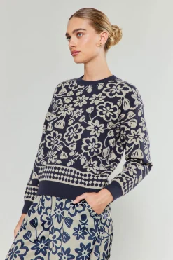 Knitwear|Sweaters-Current Air Pullover Floral Sweater BLUEMLT