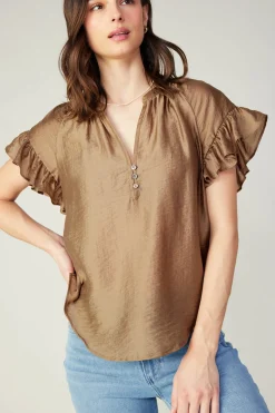 Short Sleeve Tops-Current Air Raglan Sleeve Button Blouse LATTE