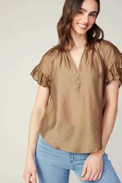 Short Sleeve Tops-Current Air Raglan Sleeve Button Blouse LATTE