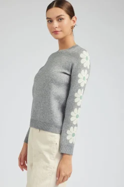 Knitwear|Sweaters-Current Air Retro Daisy Motif Sweater HEATHERGREY