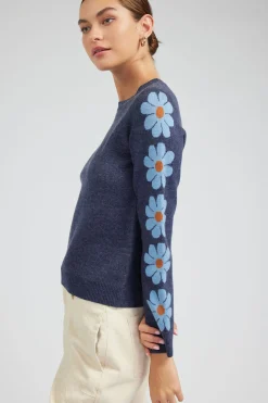 Knitwear|Sweaters-Current Air Retro Daisy Motif Sweater NAVY