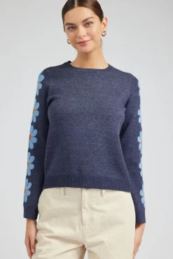 Knitwear|Sweaters-Current Air Retro Daisy Motif Sweater NAVY