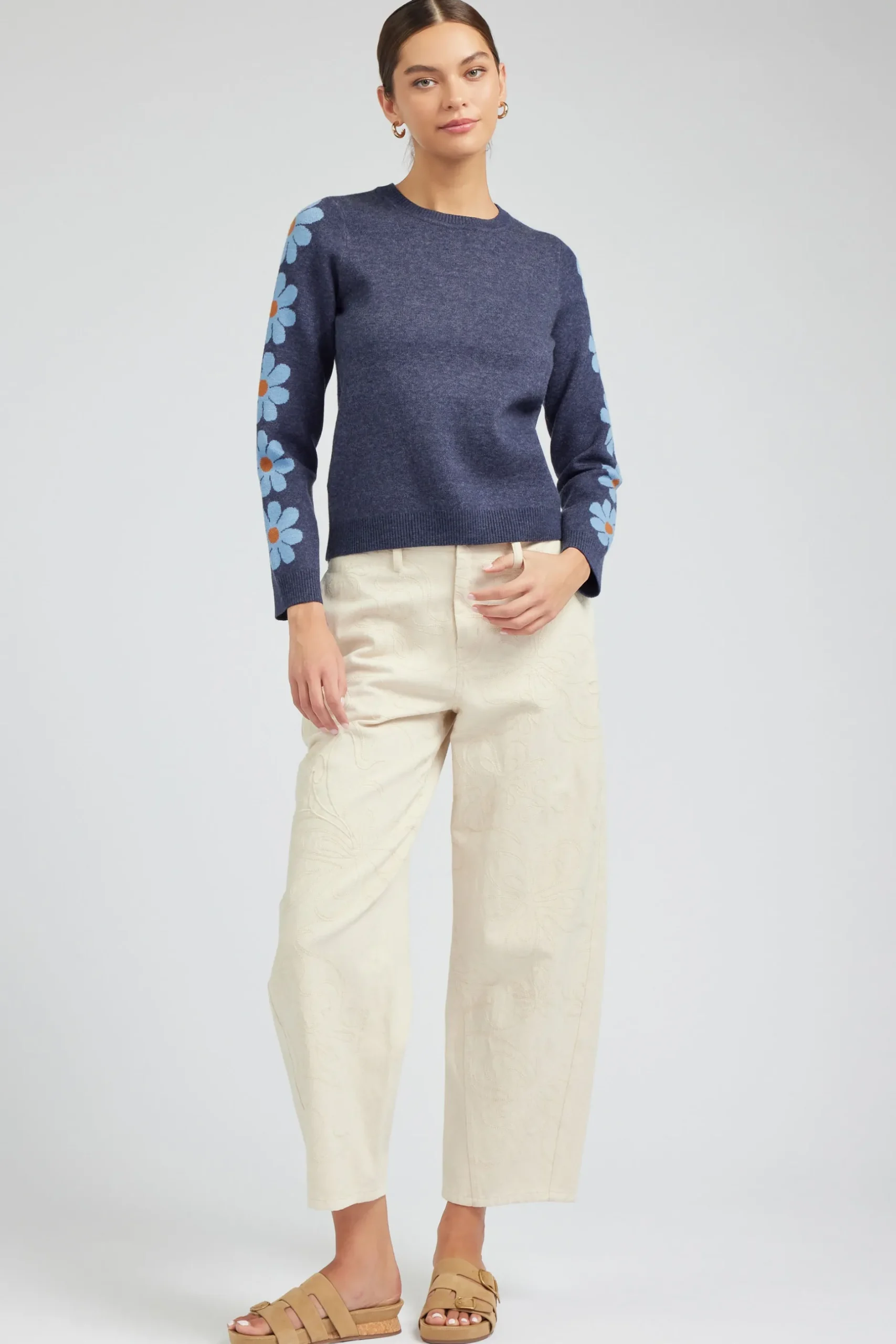 Knitwear|Sweaters-Current Air Retro Daisy Motif Sweater NAVY