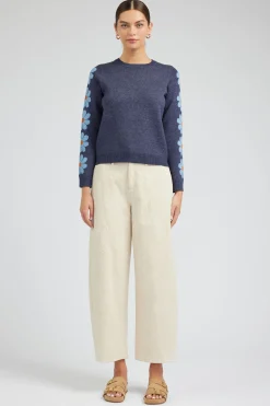 Knitwear|Sweaters-Current Air Retro Daisy Motif Sweater NAVY