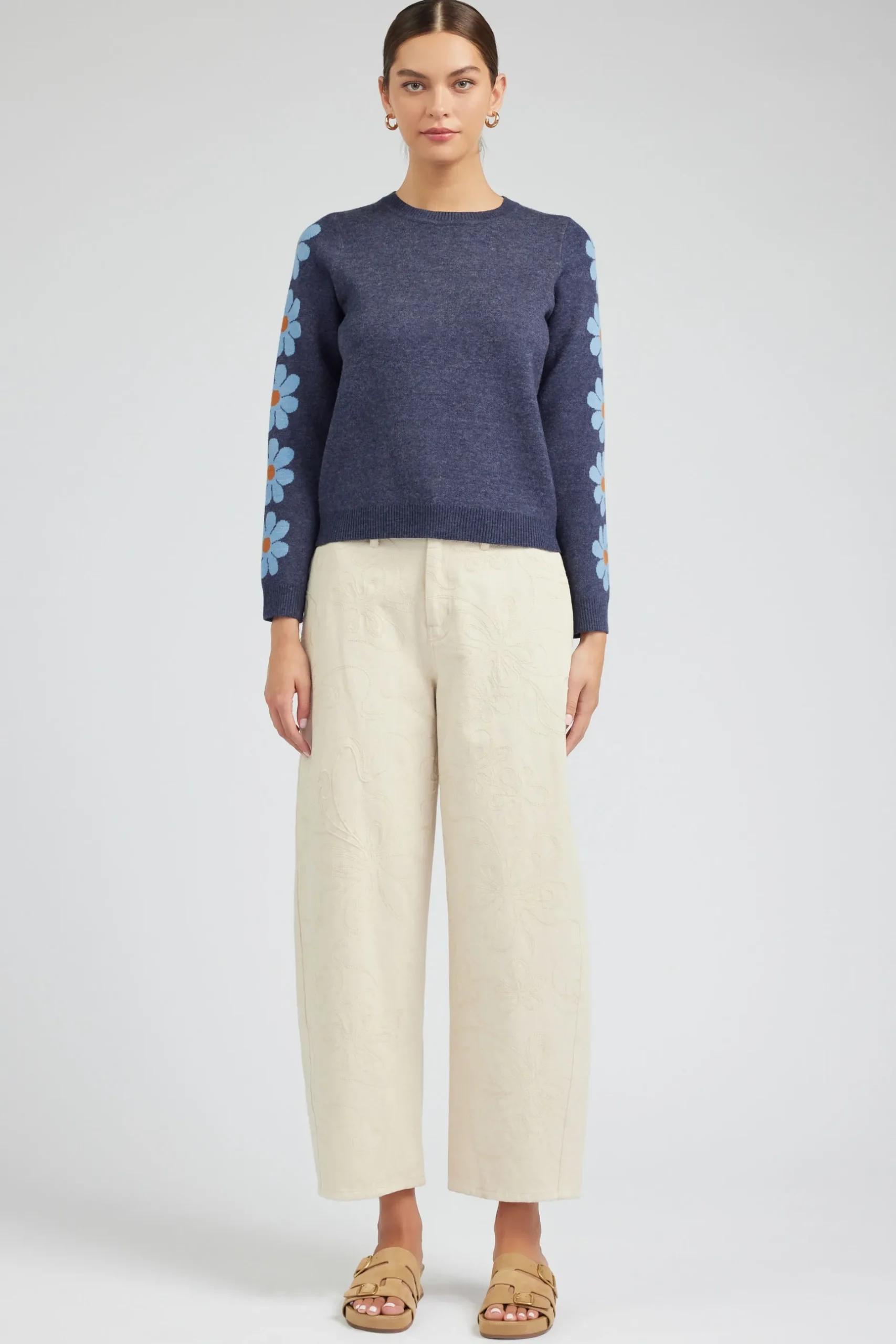 Knitwear|Sweaters-Current Air Retro Daisy Motif Sweater NAVY