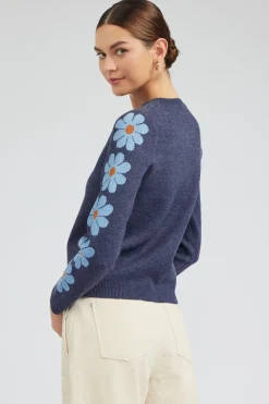 Knitwear|Sweaters-Current Air Retro Daisy Motif Sweater NAVY