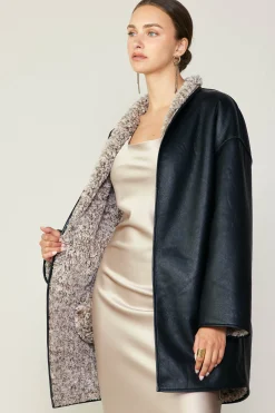 Coats & Jackets-Current Air Reversible Faux Fur & Leather Coat BLACK