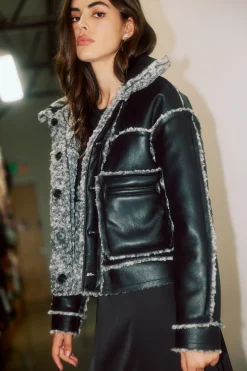 Coats & Jackets-Current Air Reversible Vegan Leather Shearling Jacket BLACK