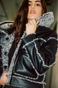 Coats & Jackets-Current Air Reversible Vegan Leather Shearling Jacket BLACK