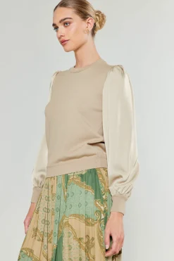 Knitwear|Sweaters-Current Air Ribbed Contrast Sleeve Sweater BEIGE