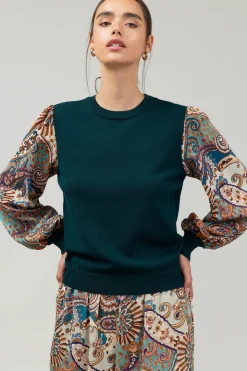 Knitwear|Sweaters-Current Air Ribbed Contrast Sleeve top GREENMLT