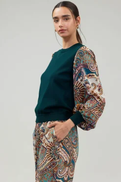 Knitwear|Sweaters-Current Air Ribbed Contrast Sleeve top GREENMLT