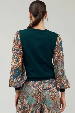 Knitwear|Sweaters-Current Air Ribbed Contrast Sleeve top GREENMLT