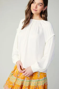 Long Sleeve Tops-Current Air Rope Trim Neckline Blouse CREAM