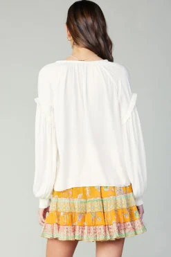 Long Sleeve Tops-Current Air Rope Trim Neckline Blouse CREAM