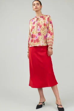 Long Sleeve Tops-Current Air Rosette Patterned Blouse YELLOWREDMLT