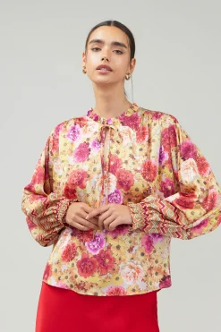 Long Sleeve Tops-Current Air Rosette Patterned Blouse YELLOWREDMLT