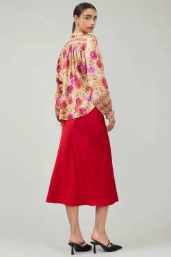 Long Sleeve Tops-Current Air Rosette Patterned Blouse YELLOWREDMLT