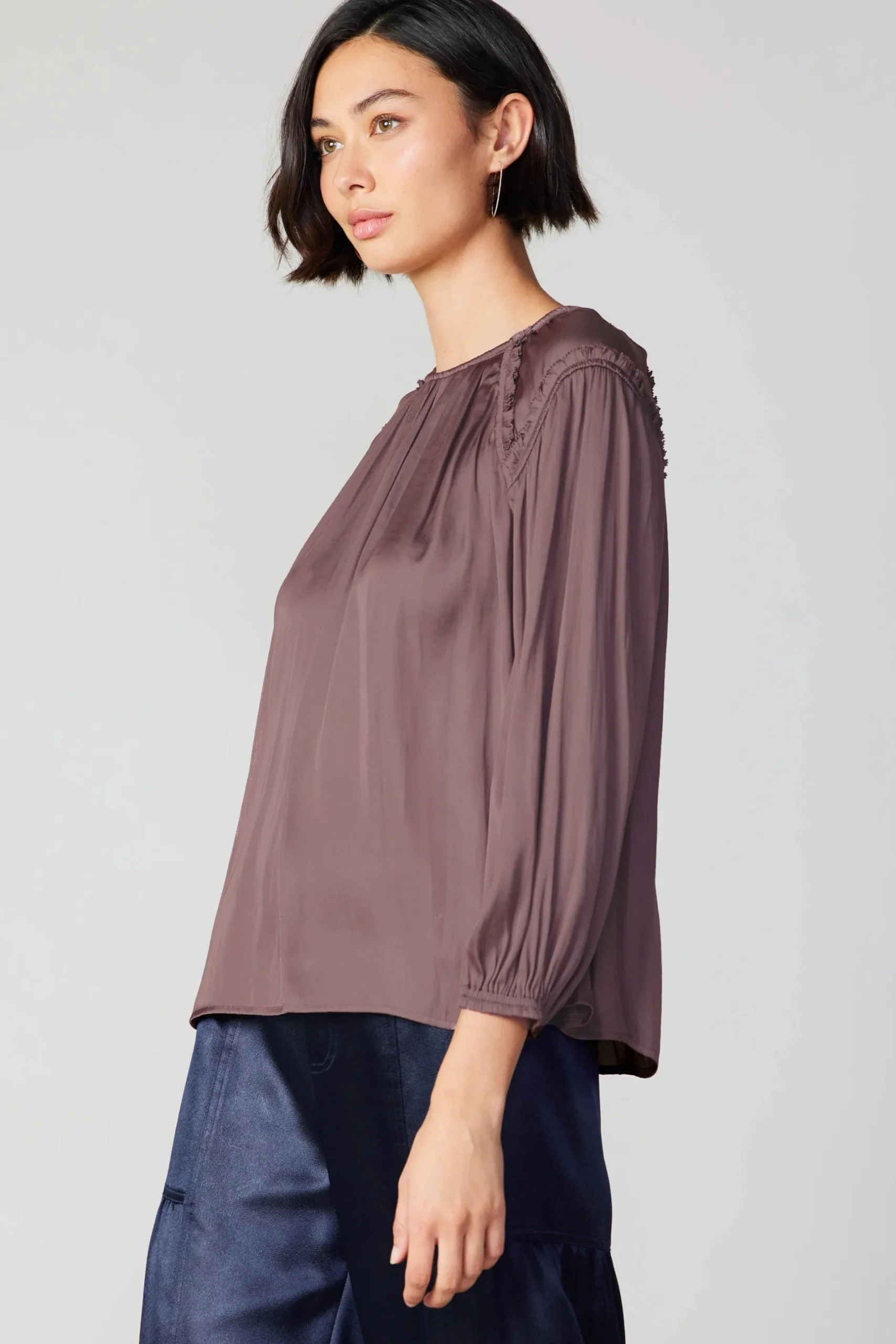 Long Sleeve Tops-Current Air Round Neck Ruffled Top MAUVEBROWN
