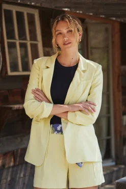 Coats & Jackets-Current Air Ruched Sleeve Blazer LEMON