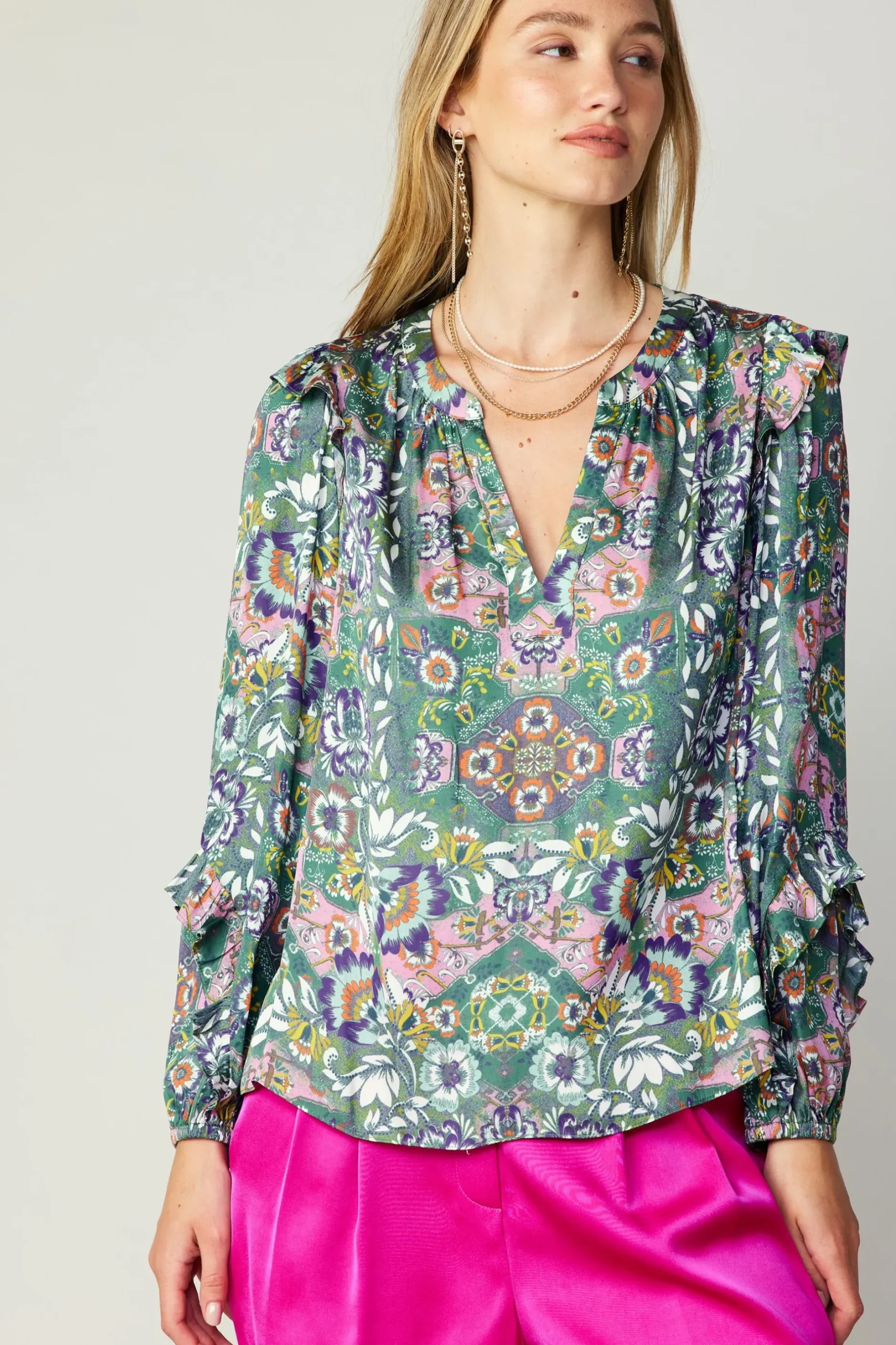 Long Sleeve Tops-Current Air Ruffle Trim Blouse GREENFLORALMLT