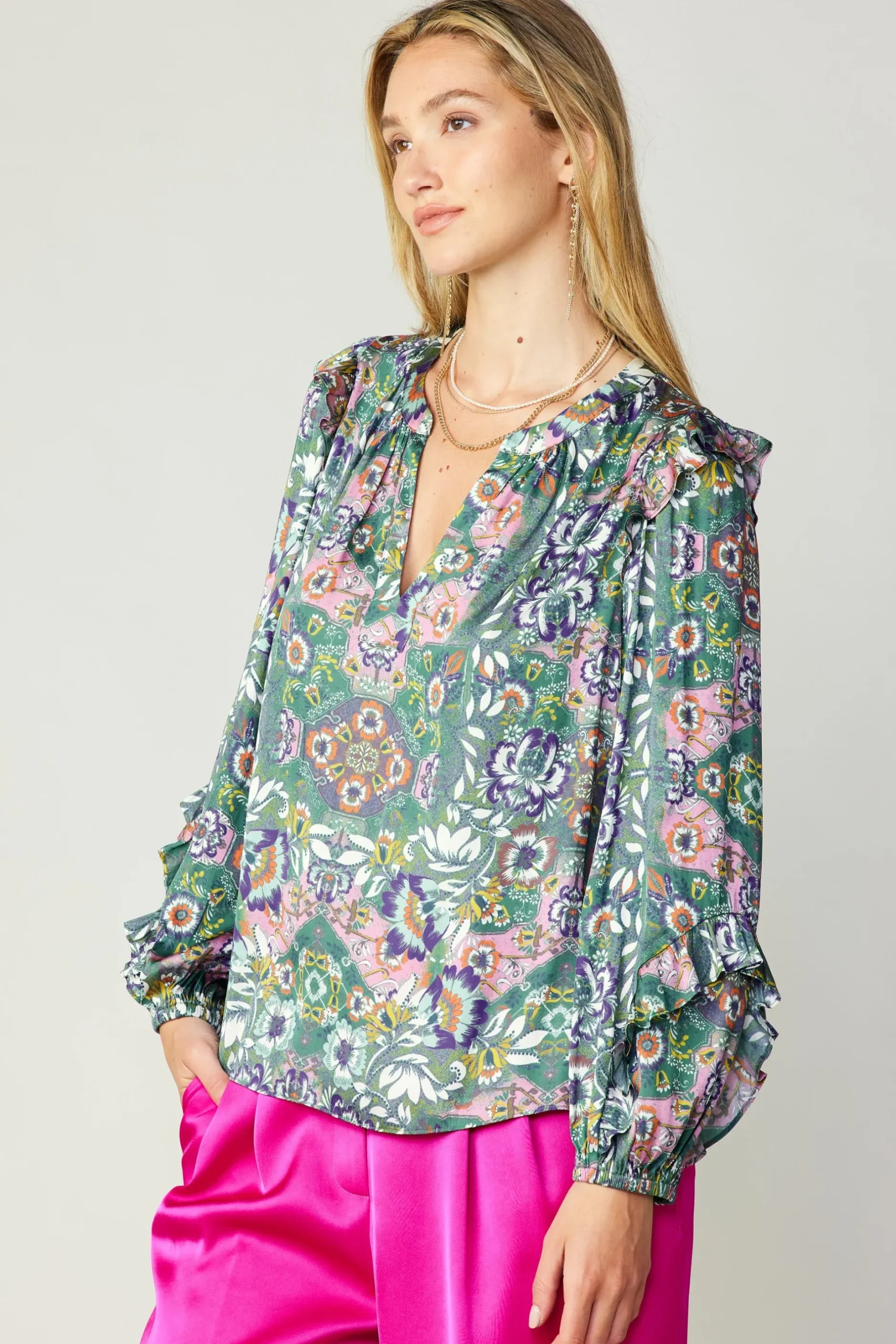 Long Sleeve Tops-Current Air Ruffle Trim Blouse GREENFLORALMLT