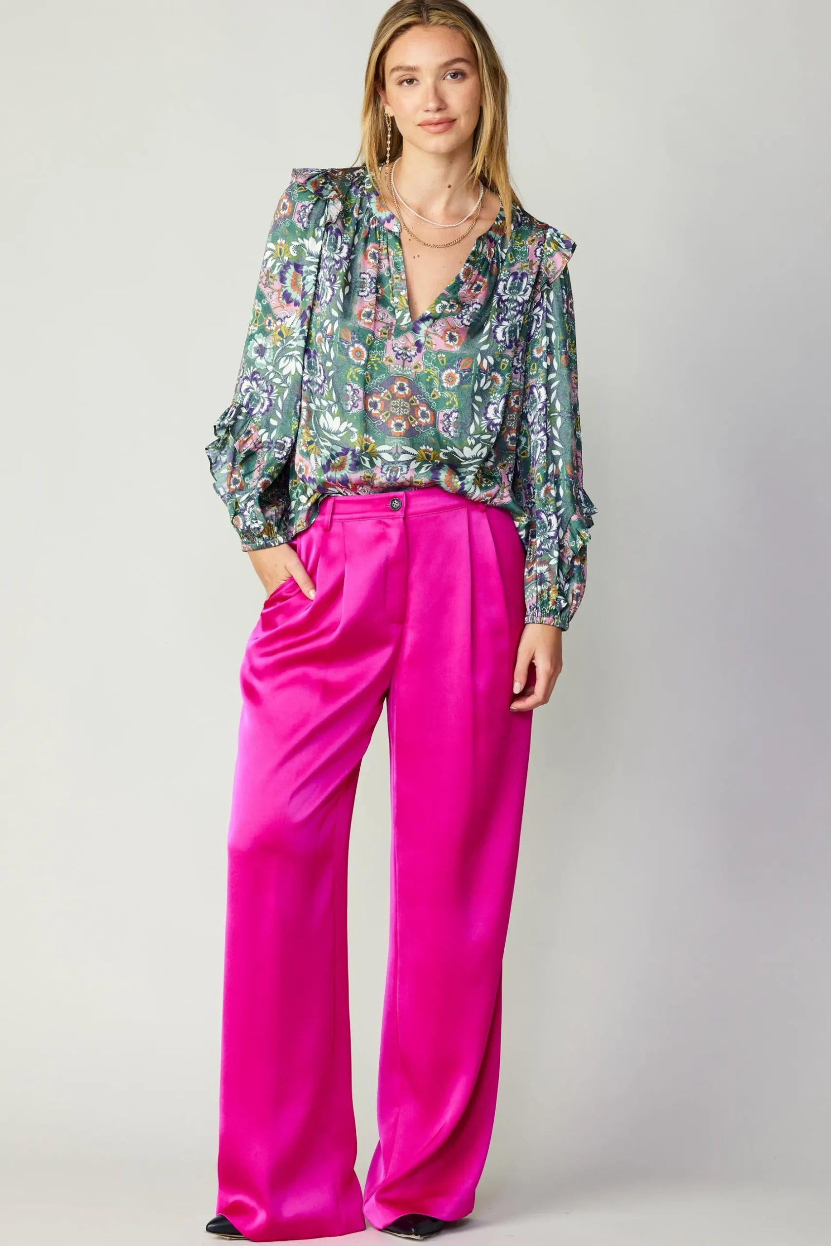 Long Sleeve Tops-Current Air Ruffle Trim Blouse GREENFLORALMLT