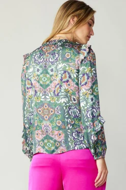 Long Sleeve Tops-Current Air Ruffle Trim Blouse GREENFLORALMLT