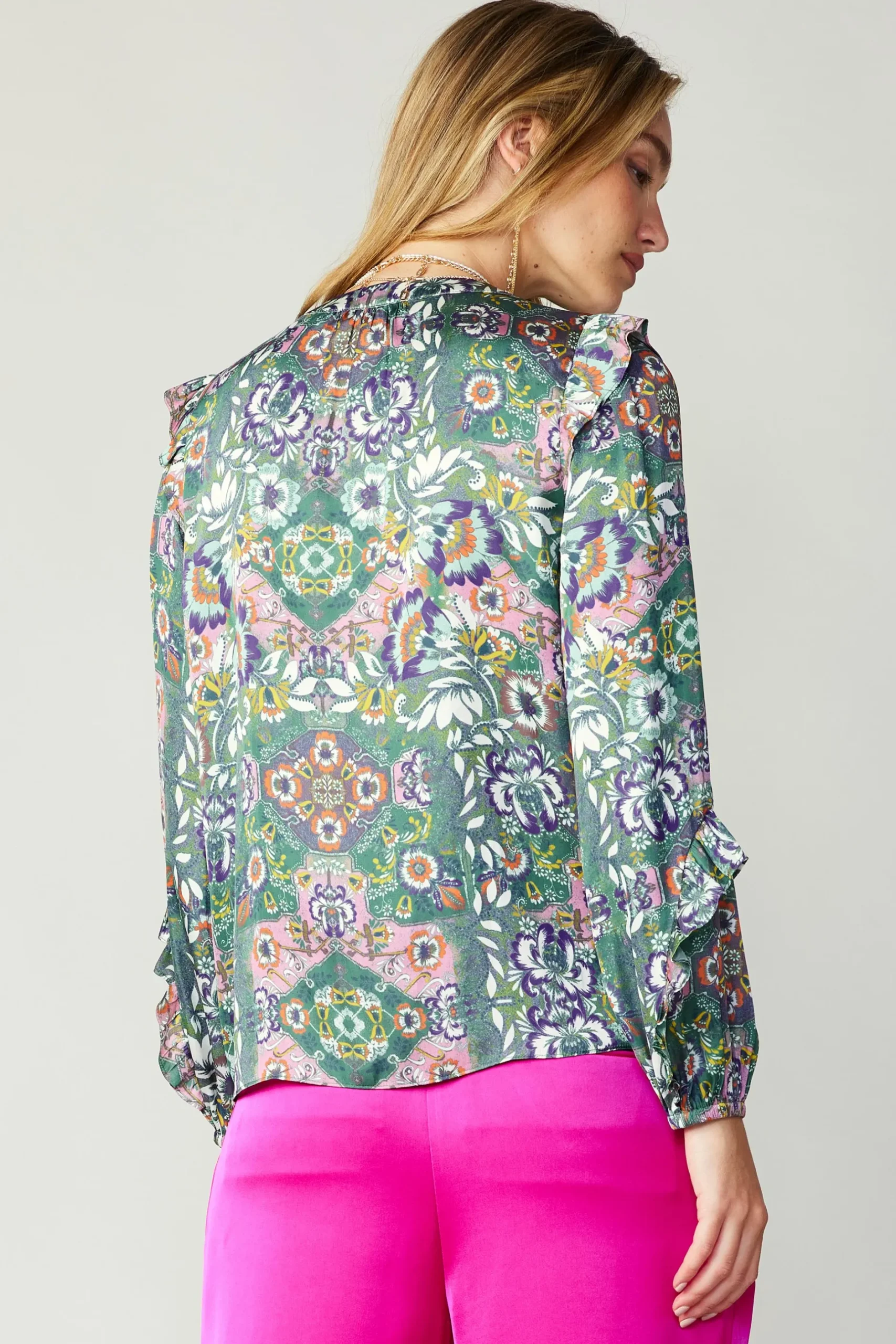 Long Sleeve Tops-Current Air Ruffle Trim Blouse GREENFLORALMLT