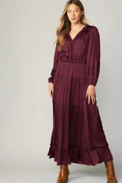 Maxi Dresses-Current Air Ruffle Trim Maxi Dress WINE