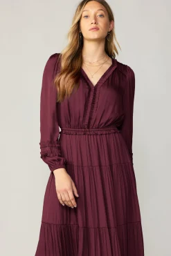 Maxi Dresses-Current Air Ruffle Trim Maxi Dress WINE