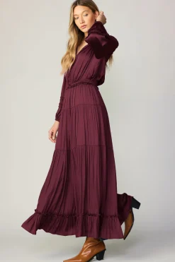 Maxi Dresses-Current Air Ruffle Trim Maxi Dress WINE