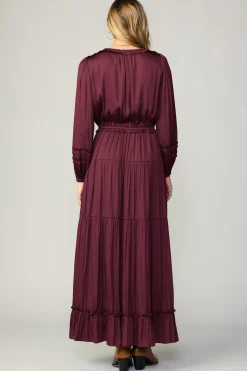 Maxi Dresses-Current Air Ruffle Trim Maxi Dress WINE