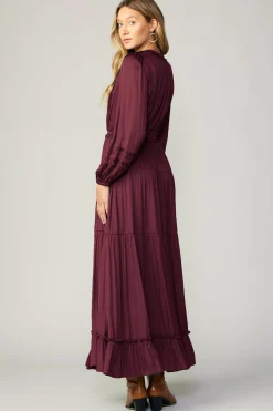 Maxi Dresses-Current Air Ruffle Trim Maxi Dress WINE