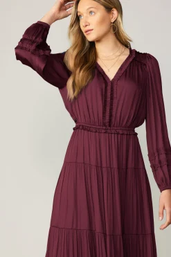 Maxi Dresses-Current Air Ruffle Trim Maxi Dress WINE