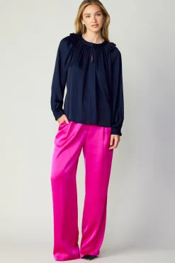 Long Sleeve Tops-Current Air Ruffled Crewneck Blouse NAVY