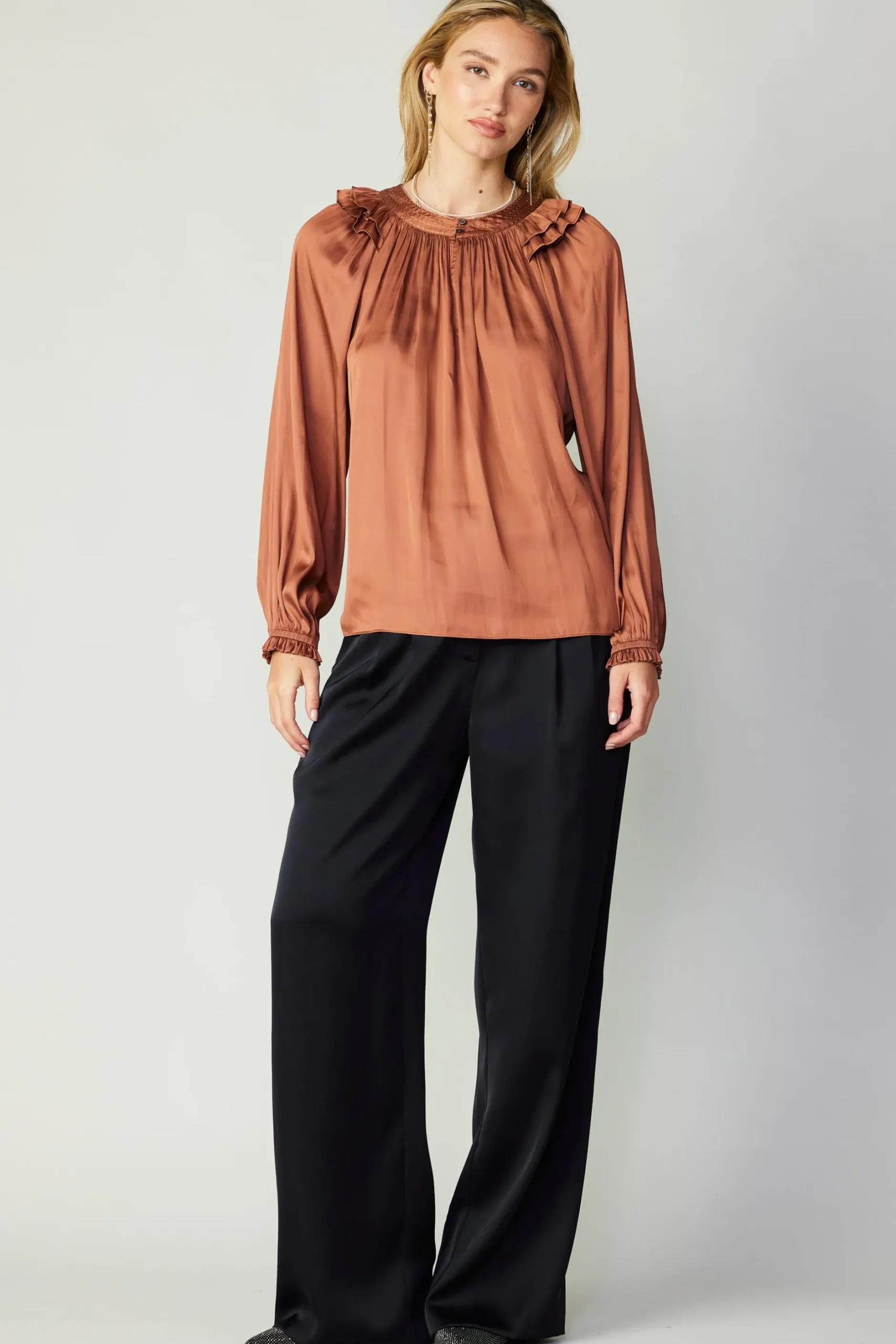 Long Sleeve Tops-Current Air Ruffled Crewneck Blouse AUTUMNCLAY