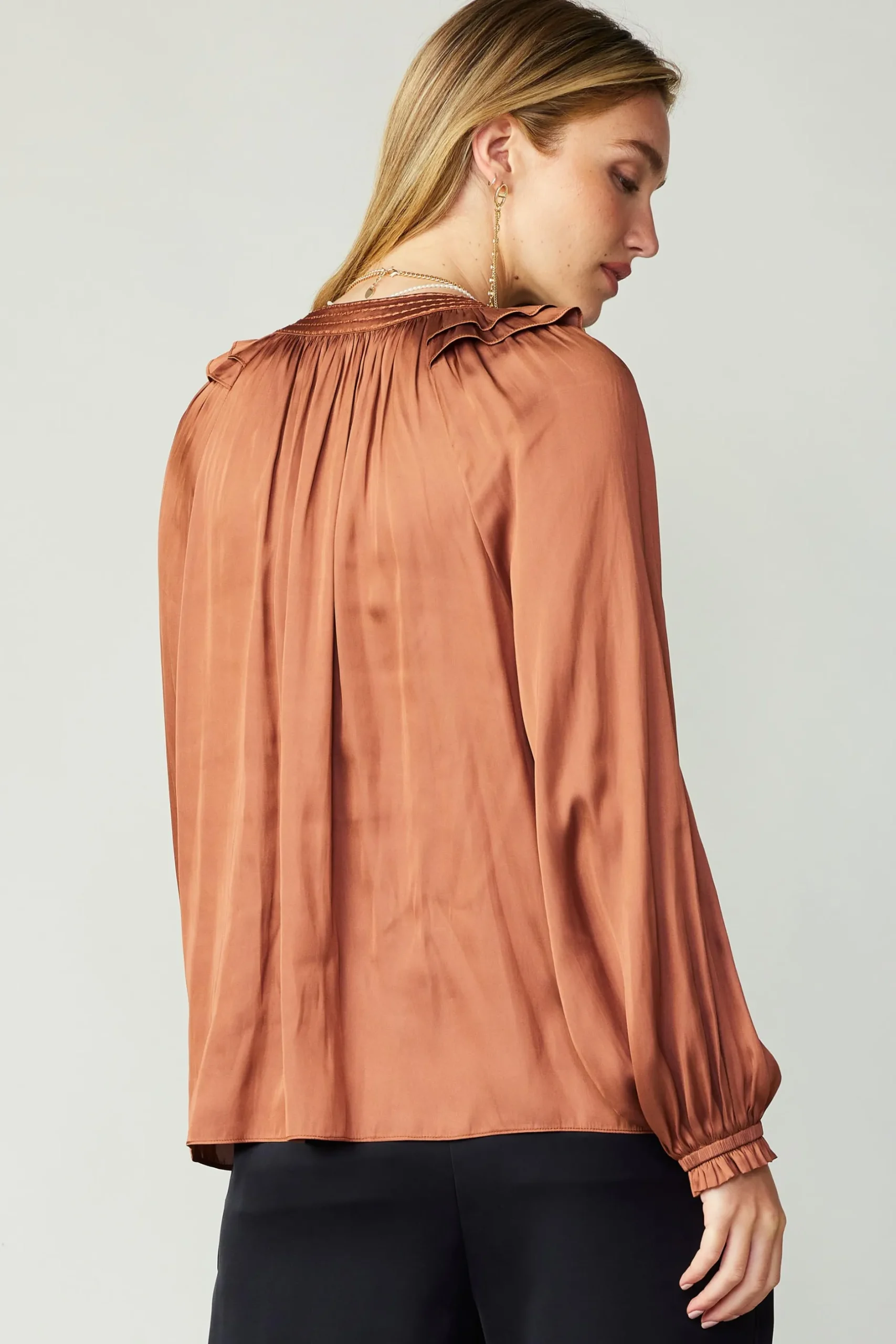 Long Sleeve Tops-Current Air Ruffled Crewneck Blouse AUTUMNCLAY