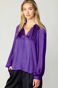 Long Sleeve Tops-Current Air Ruffled Cuff Blouse SPACEPURPLE
