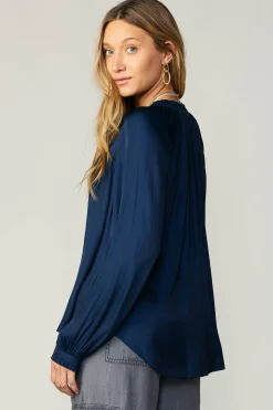 Long Sleeve Tops-Current Air Ruffled Cuff Blouse NAVY