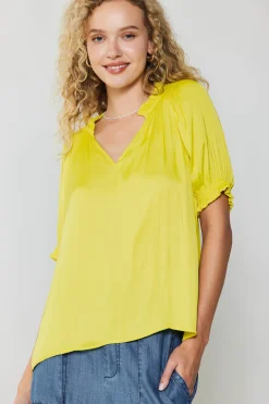 Short Sleeve Tops-Current Air Ruffled Cuff Blouse PINEAPPLE